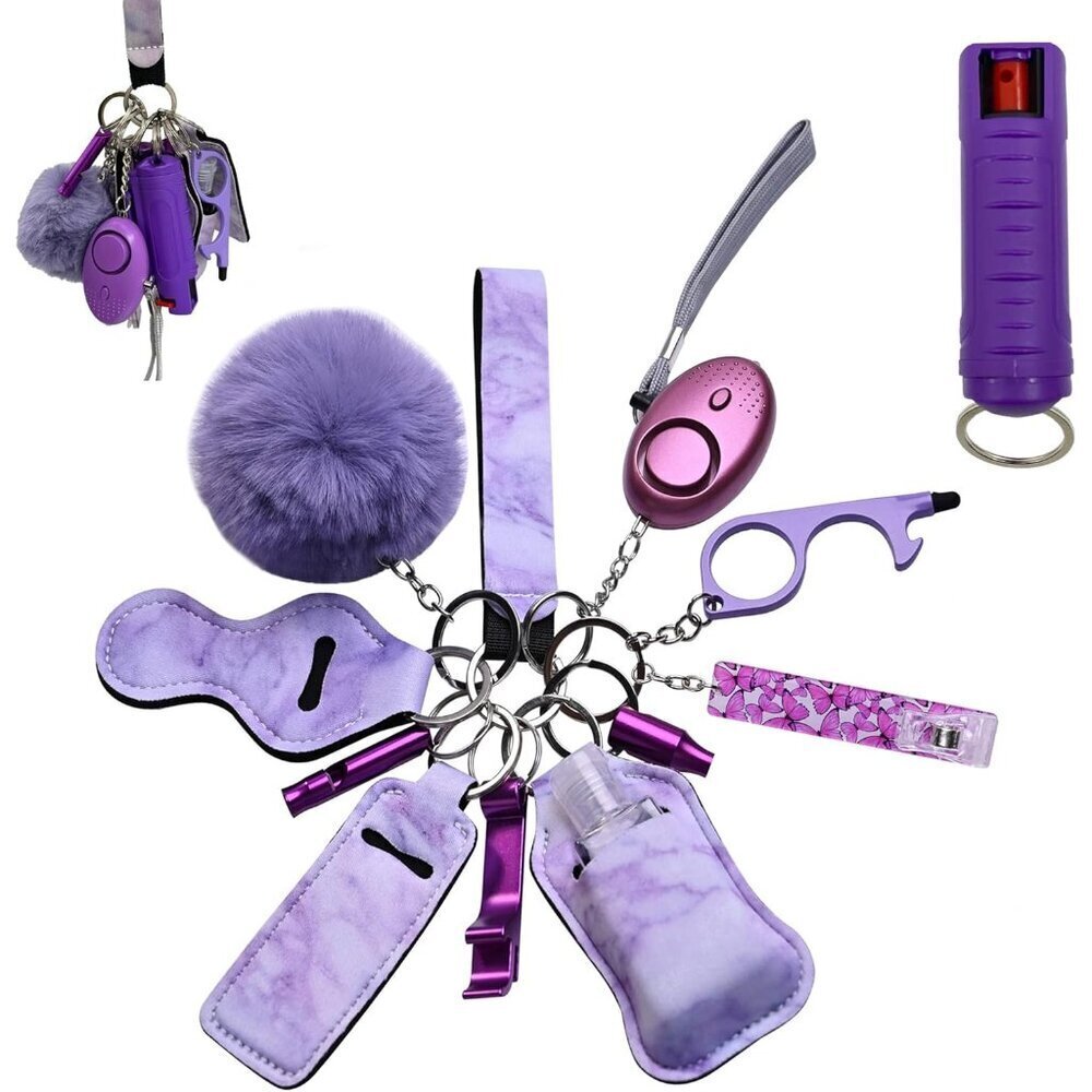 Women's Self Defense Keychain Set 11 Pcs Pink Purple Safety Alarm Gin Guar